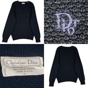 Vintage Christian Dior Monsieur V-Neck Sweater Navy Blue Size L USA Acrylic